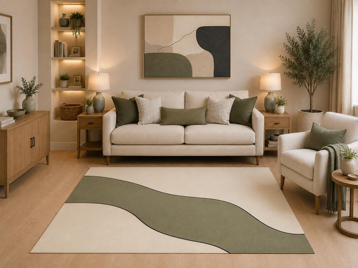 ICE ARMOR "Ultra Light Weight 5' x 7' Modern Abstract Wave Area Rug Sage Green Cream Minimalist Curved Design for Living Room Bedroom Dining Room Non-Slip Silicone Backing Low Pile
