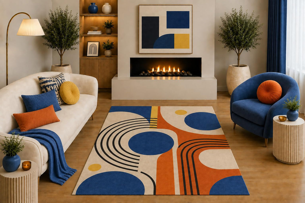 ICE ARMOR "Ultra Light Weight 5' x 7' Mid Century Modern Area Rug Blue Orange Mustard Beige Abstract Geometric Arch Design for Living Room Bedroom Office Non-Slip Silicone Backing Low Pile