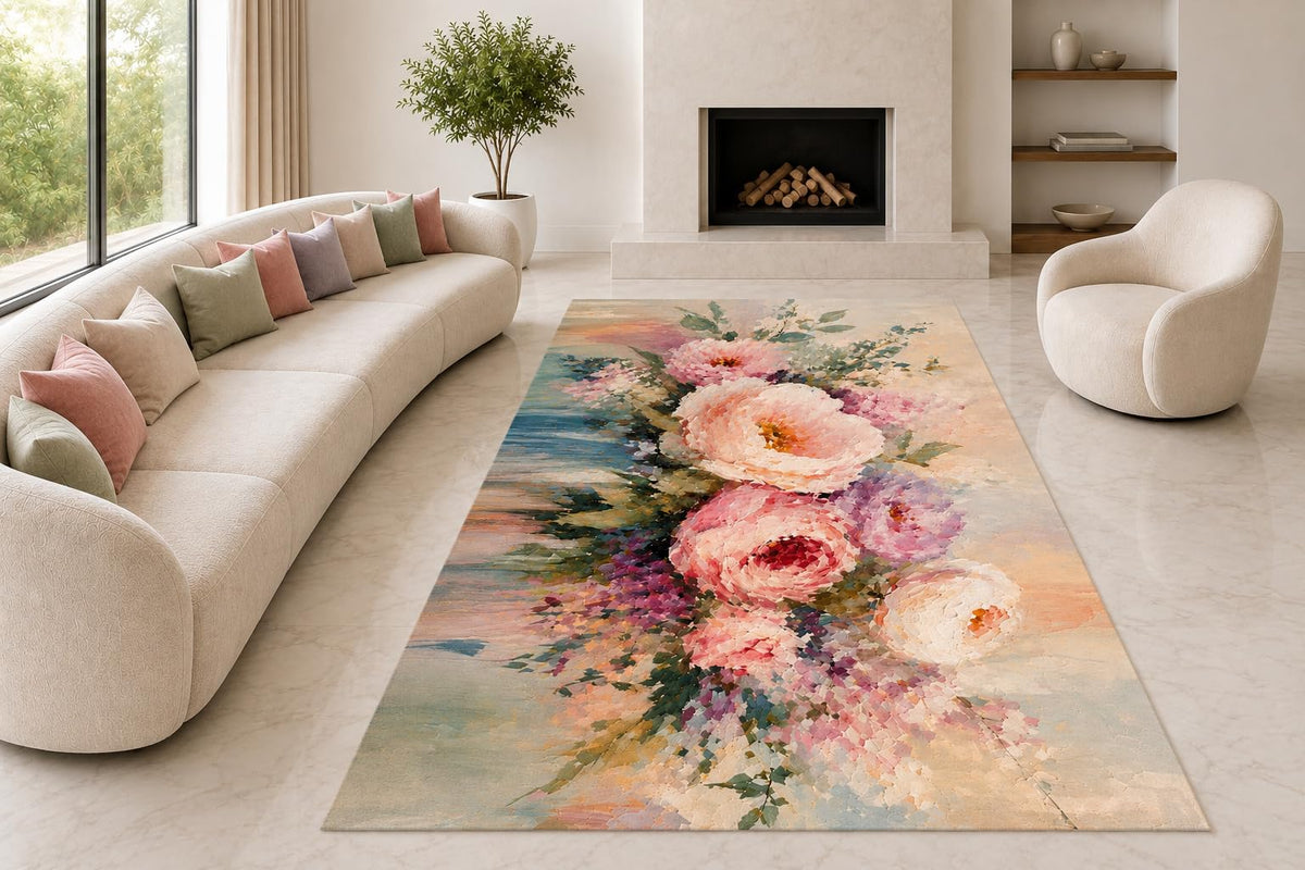 ICE ARMOR "Ultra Lightweight Large 6'7" x 9'10" Peony Bouquet Area Rug for Living Room, Bedroom and Home Office, Soft Low Pile Carpet with Non-Slip Silicone Backing, Pink and Cream