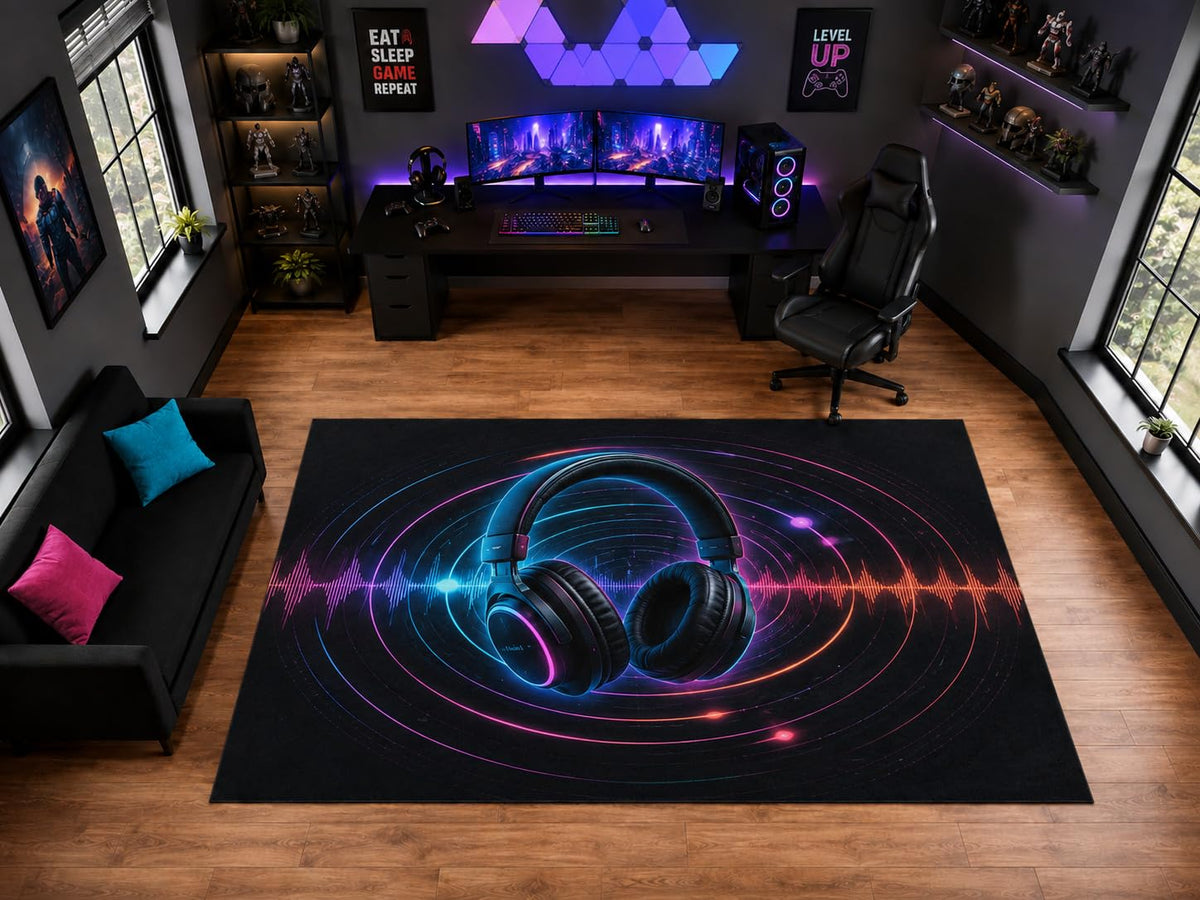 ICE ARMOR "Ultra Light Weight Large 6'7" x 9'10" Gaming Headphones Soundwave Area Rug for Playroom Decor, Soft Low Pile Indoor Rug with Non-Slip Silicone Backing, Black Blue Pink Orange