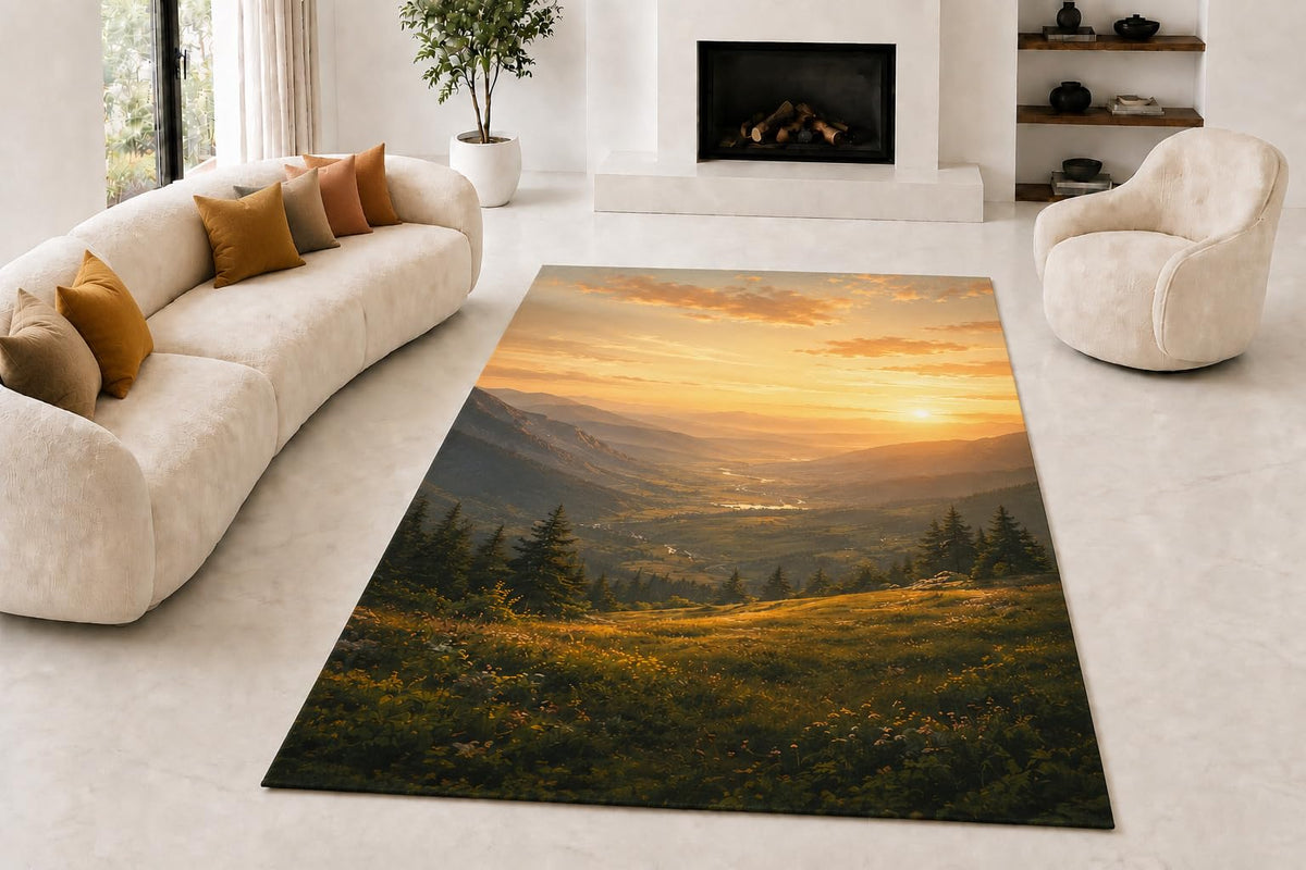 ICE ARMOR "Ultra Lightweight Large 6'7" x 9'10" Meadow Morning Sky Area Rug for Living Room, Bedroom and Home Office, Soft Low Pile Carpet with Non-Slip Silicone Backing, Amber and Green
