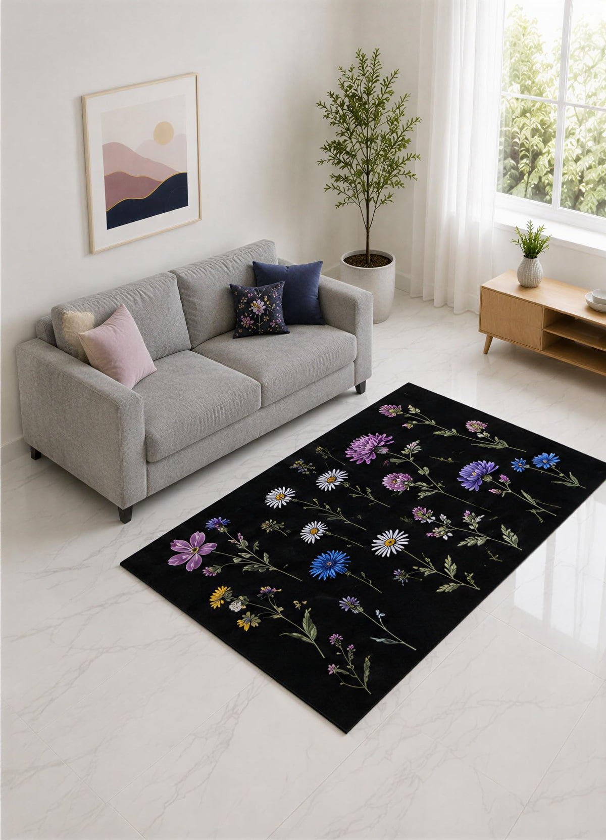 ICE ARMOR "Ultra Lightweight 5' x 7' Purple and Blue Scattered Wildflower Area Rug for Living Room, Bedroom and Home Office, Soft Low Pile Carpet with Non-Slip Silicone Backing