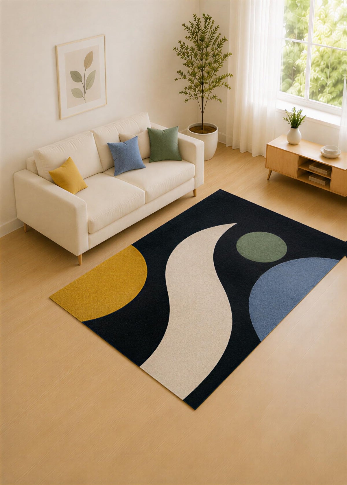 ICE ARMOR "Ultra Lightweight 5' x 7' Black and Mustard Crescent Forms Area Rug for Living Room, Bedroom and Home Office, Soft Low Pile Carpet with Non-Slip Silicone Backing