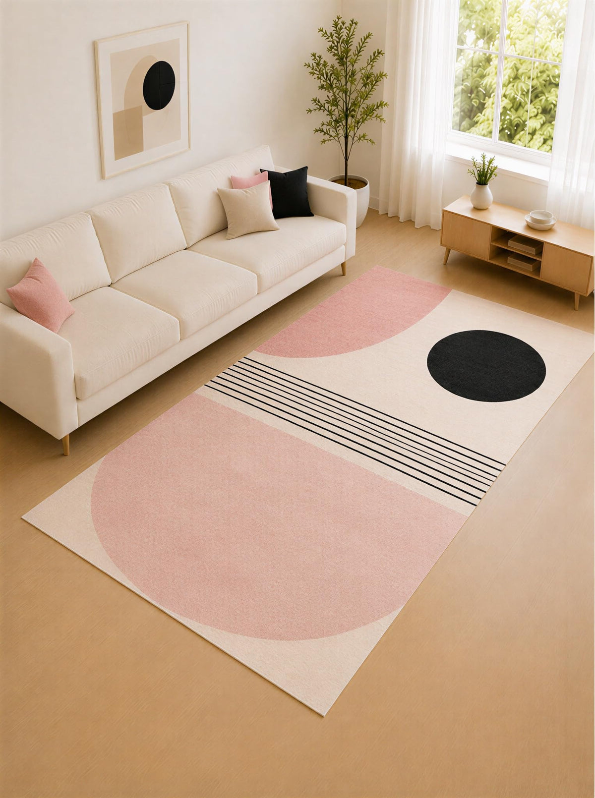ICE ARMOR "Ultra Lightweight Large 6'7" x 9'10" Blush and Charcoal Circle Stripe Area Rug for Living Room, Bedroom and Home Office, Soft Low Pile Carpet with Non-Slip Silicone Backing