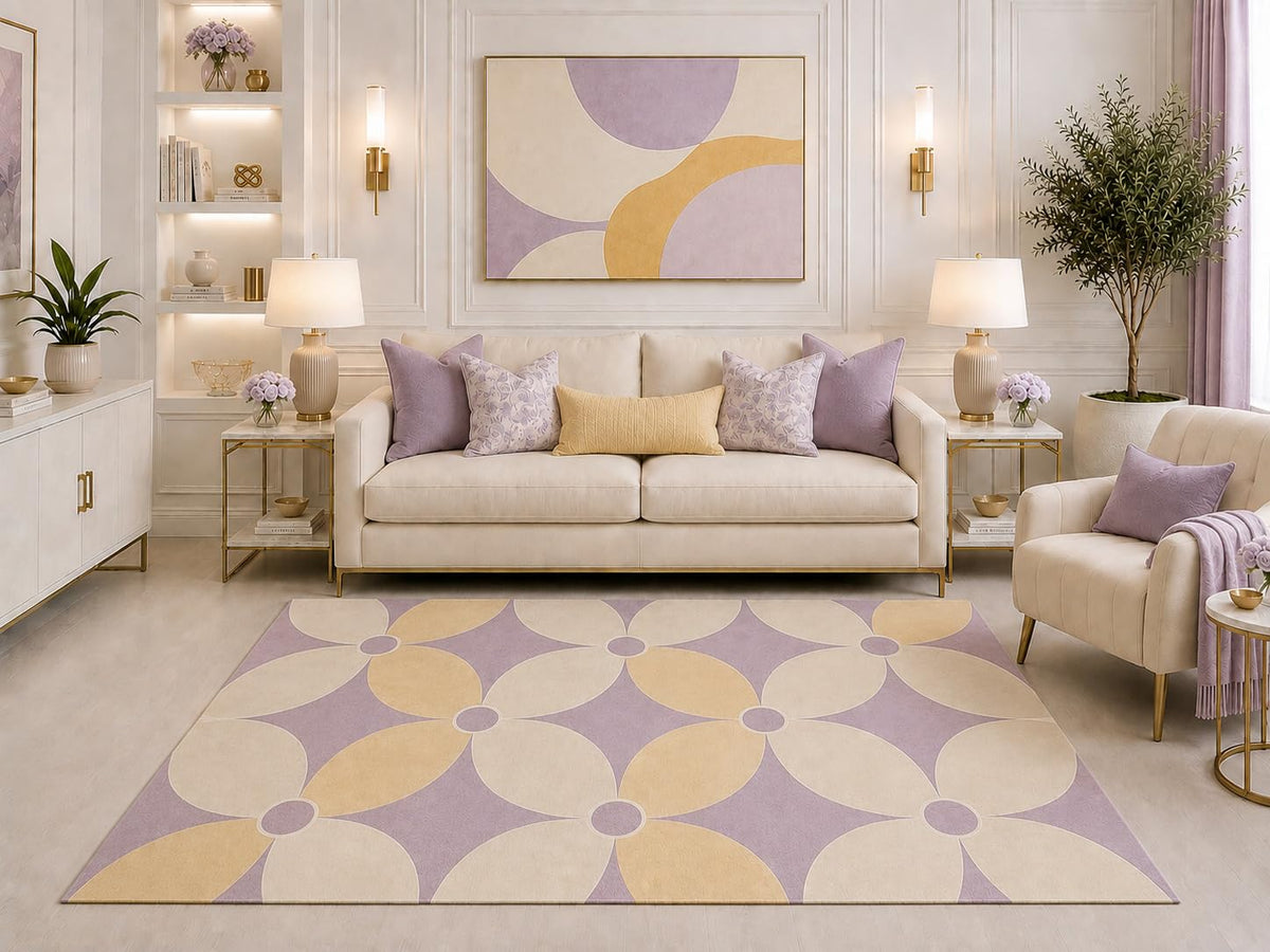 ICE ARMOR "Ultra Light Weight 5' x 7' Modern Floral Area Rug Lavender Cream Yellow Oversized Petal Flower Design for Living Room Bedroom Nursery Dining Room Non-Slip Silicone Backing Low Pile