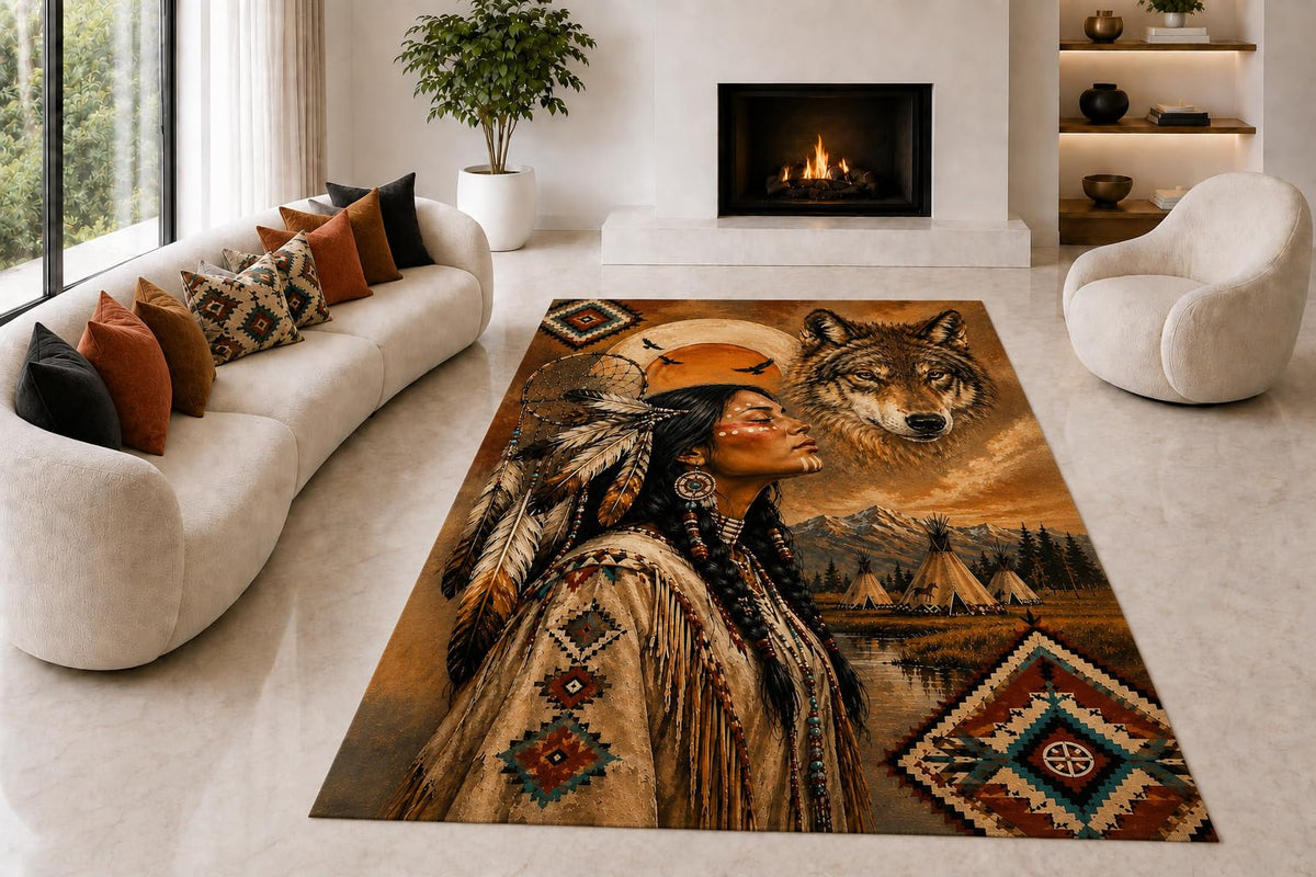 ICE ARMOR "Ultra Lightweight Large 6'7" x 9'10" Wolf Spirit Woman Area Rug for Living Room, Bedroom and Home Office, Soft Low Pile Carpet with Non-Slip Silicone Backing, Brown and Teal
