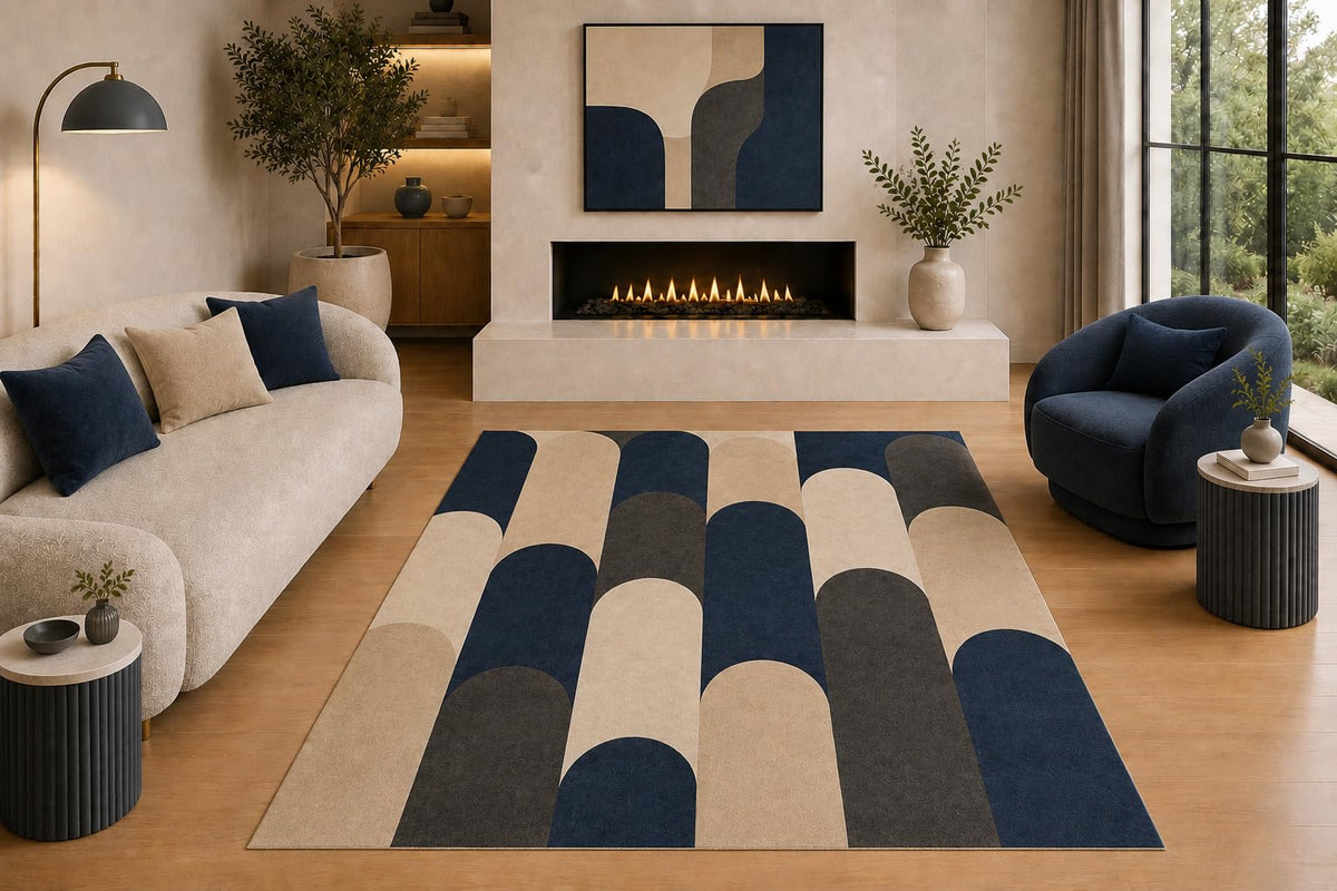 ICE ARMOR "Ultra Light Weight 5' x 7' Mid Century Modern Area Rug Navy Blue Beige Charcoal Abstract Arch Geometric Pattern for Living Room Bedroom Dining Room Non-Slip Silicone Backing Low Pile