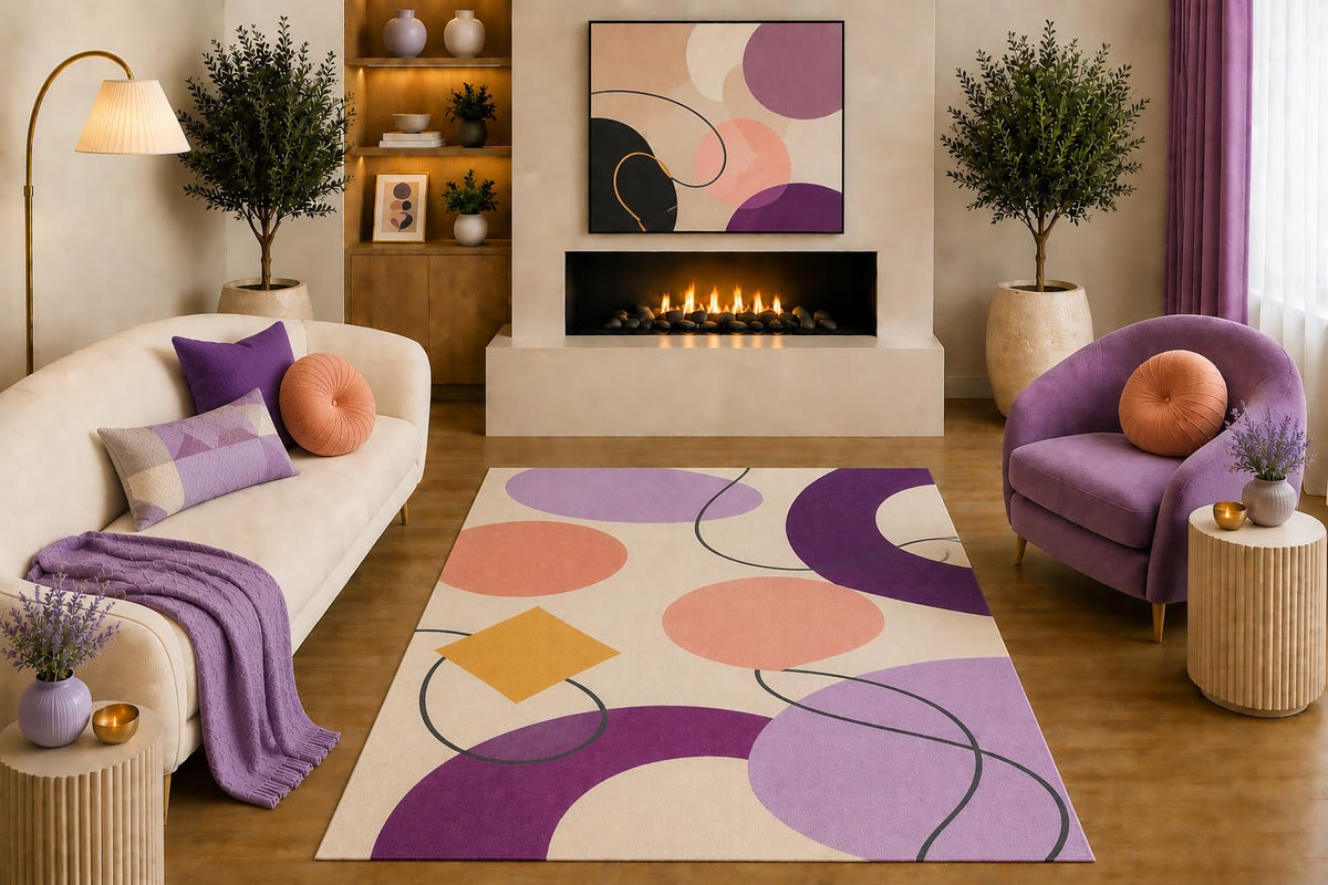 ICE ARMOR "Ultra Light Weight 5' x 7' Mid Century Modern Area Rug Purple Lavender Peach Mustard Abstract Circle Curved Line Design for Living Room Bedroom Office Non-Slip Silicone Backing Low Pile