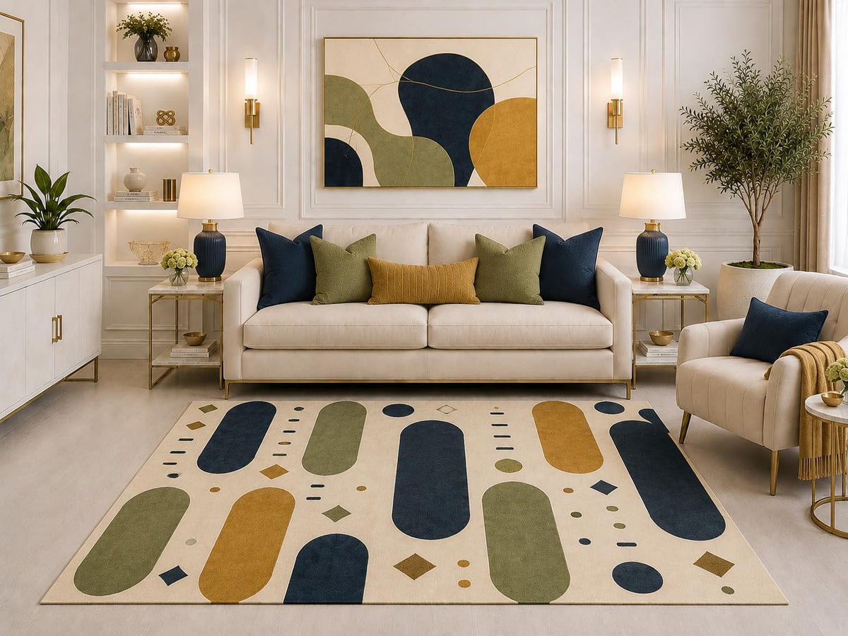 ICE ARMOR "Ultra Light Weight 5' x 7' Mid Century Modern Area Rug Navy Blue Olive Green Mustard Cream Capsule Geometric Pattern for Living Room Bedroom Dining Room Non-Slip Silicone Backing Low Pile