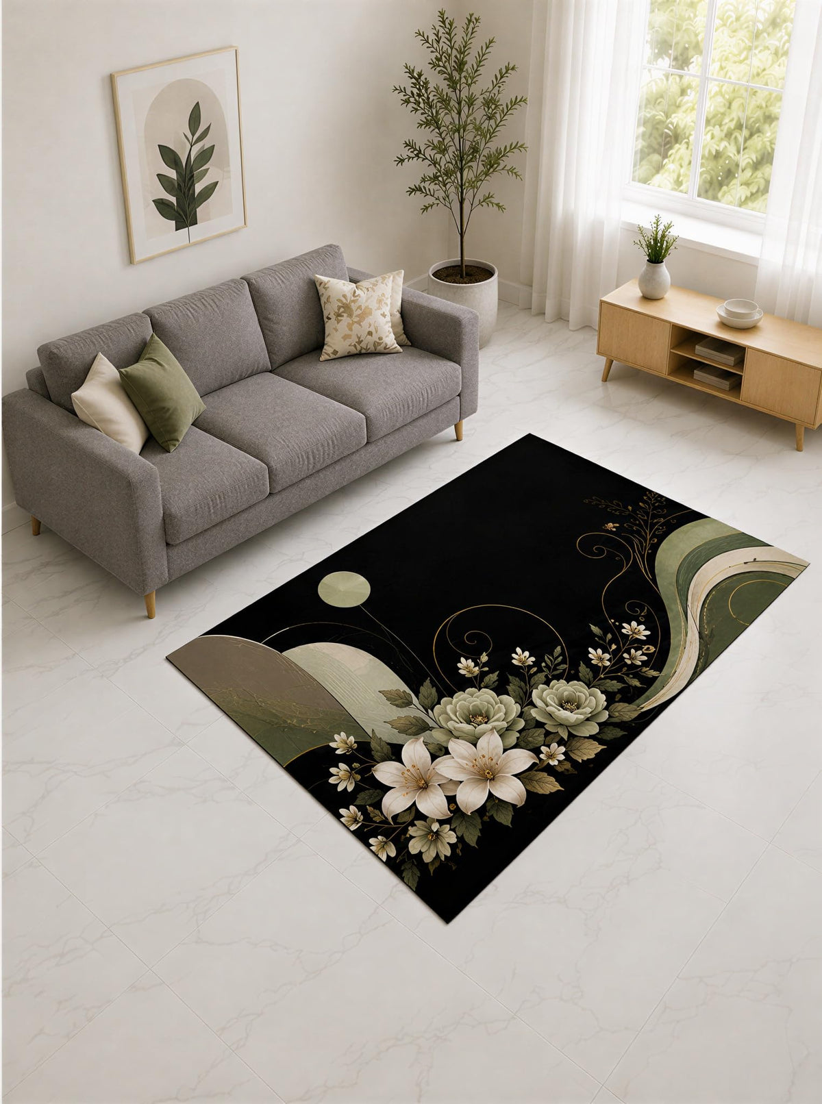 ICE ARMOR "Ultra Lightweight 5' x 7' Sage and Cream Botanical Curve Area Rug for Living Room, Bedroom and Home Office, Soft Low Pile Carpet with Non-Slip Silicone Backing