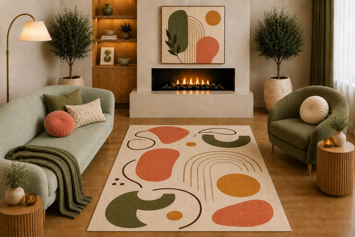 ICE ARMOR "Ultra Light Weight 5' x 7' Mid Century Modern Area Rug Olive Green Terracotta Mustard Abstract Rainbow Geometric Design for Living Room Bedroom Office Non-Slip Silicone Backing Low Pile