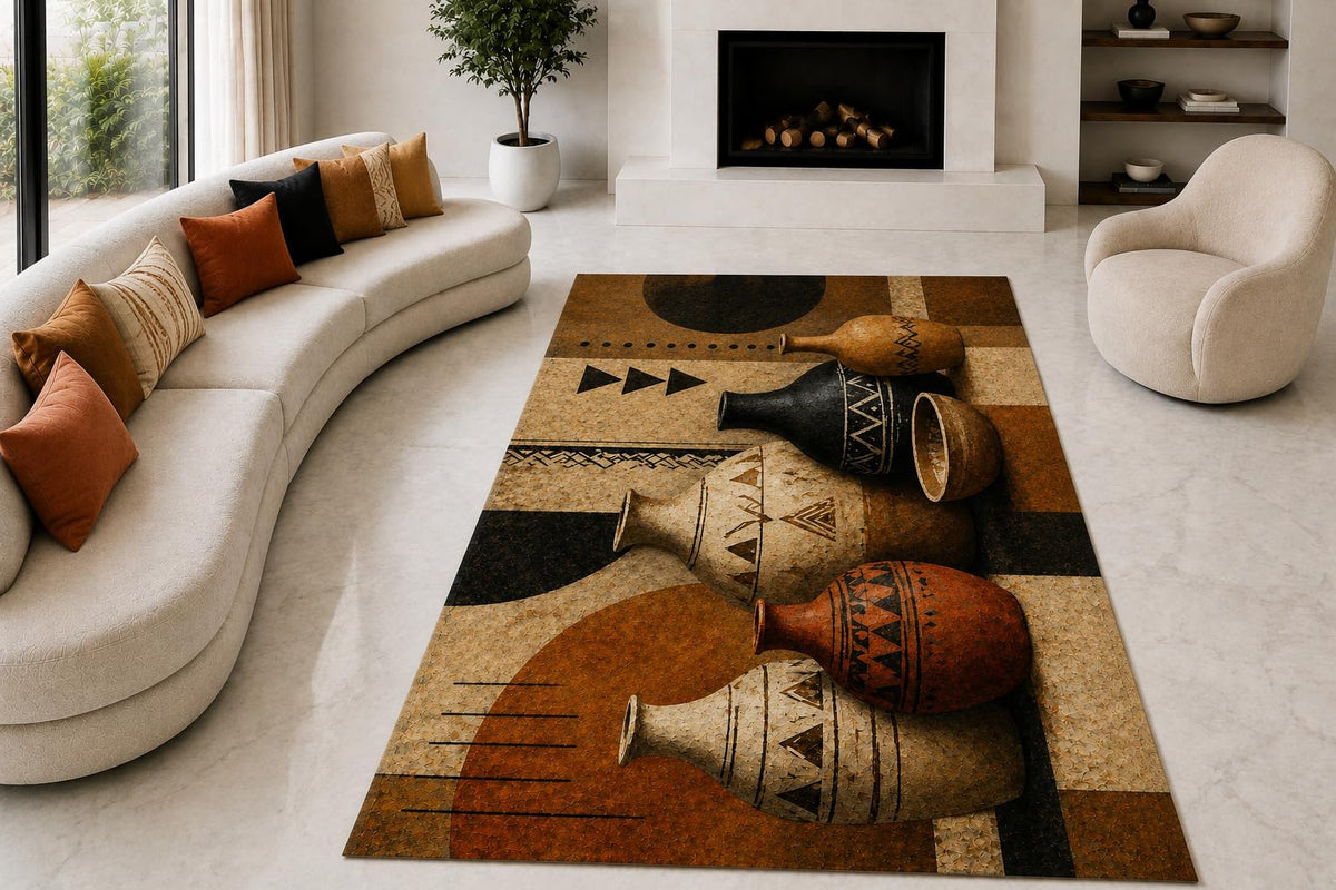 ICE ARMOR "Ultra Lightweight Large 6'7" x 9'10" African Pottery Shapes Area Rug for Living Room, Bedroom and Home Office, Soft Low Pile Carpet with Non-Slip Silicone Backing, Tan and Black