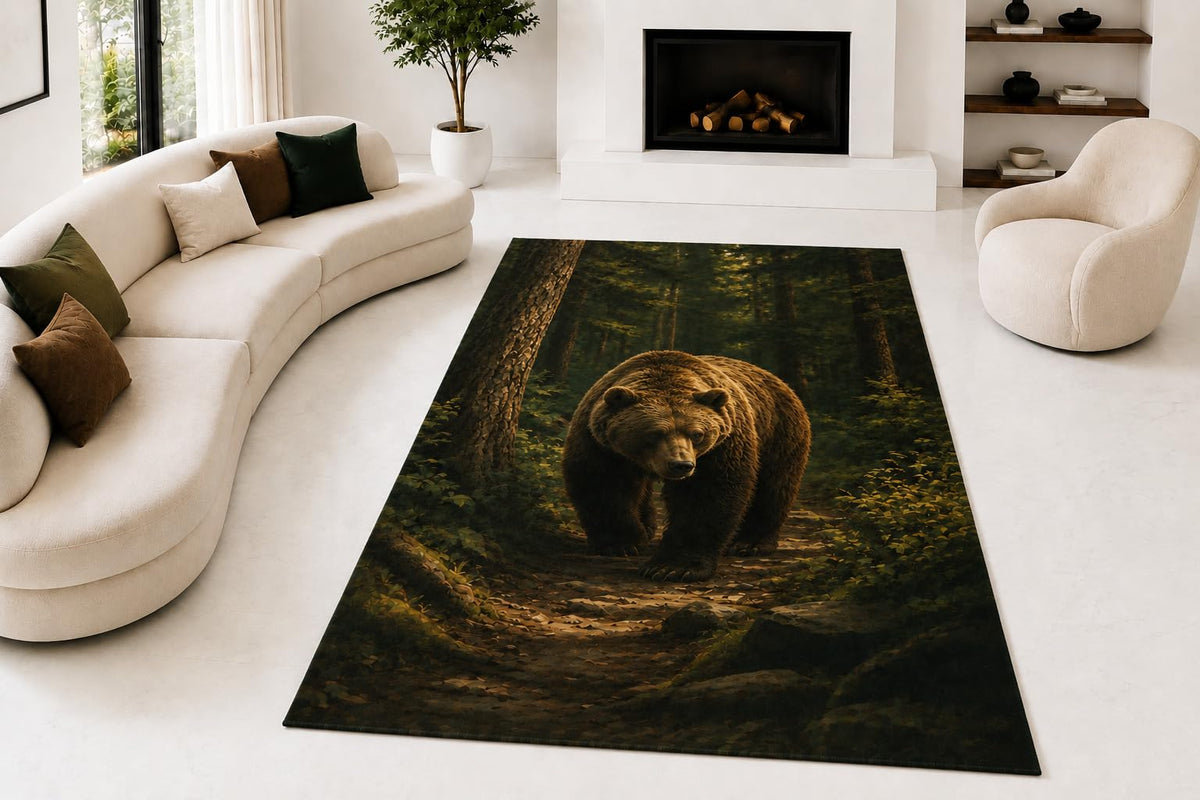 ICE ARMOR "Ultra Lightweight Large 6'7" x 9'10" Forest Bear Encounter Area Rug for Living Room, Bedroom and Home Office, Soft Low Pile Carpet with Non-Slip Silicone Backing, Brown and Green