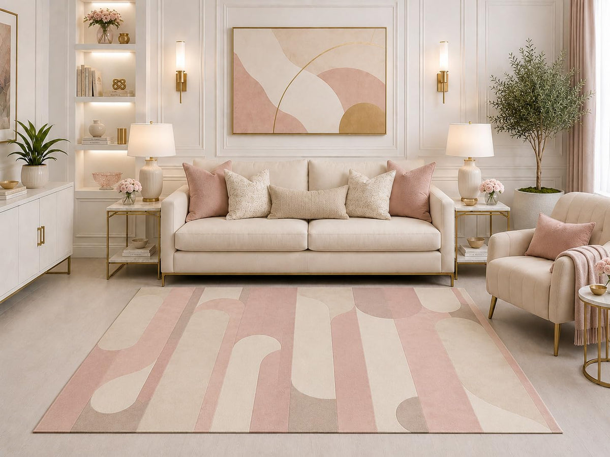 ICE ARMOR "Ultra Light Weight 5' x 7' Modern Abstract Area Rug Blush Pink Cream Beige Curved Geometric Pattern for Living Room Bedroom Nursery Dining Room Office Non-Slip Silicone Backing Low Pile