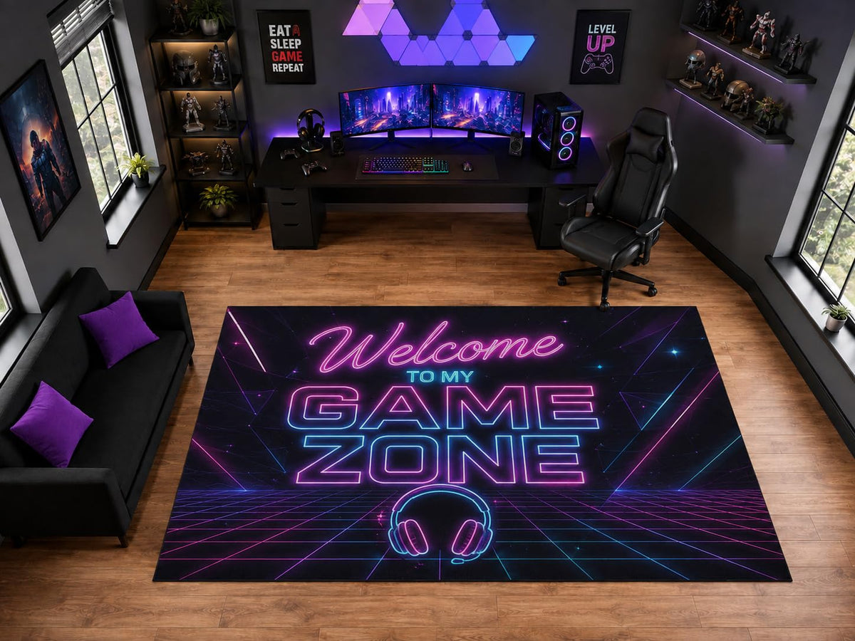 ICE ARMOR "Ultra Light Weight Large 6'7" x 9'10" Welcome to My Game Zone Headset Area Rug for Playroom Decor, Soft Low Pile Indoor Rug with Non-Slip Silicone Backing, Black Pink Blue
