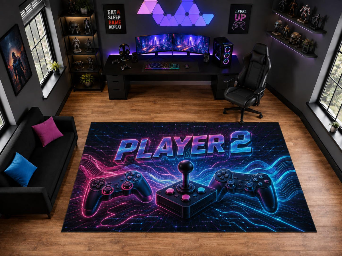 ICE ARMOR "Ultra Light Weight Large 6'7" x 9'10" Player 2 Arcade Controllers Area Rug for Playroom Decor, Soft Low Pile Indoor Rug with Non-Slip Silicone Backing, Black Blue Pink