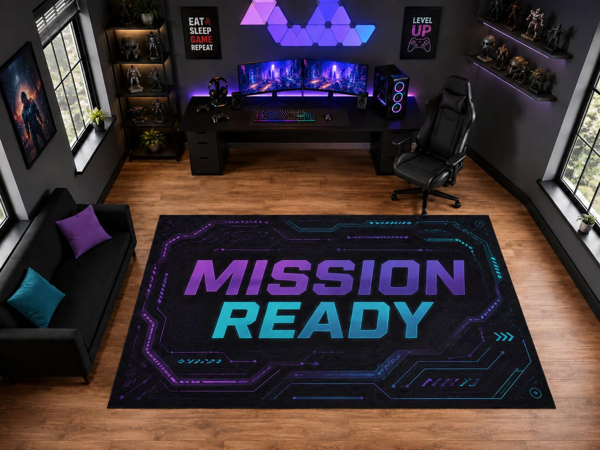 ICE ARMOR "Ultra Light Weight Large 6'7" x 9'10" Mission Ready Gaming Area Rug for Gaming Room Decor, Soft Low Pile Indoor Rug with Non-Slip Silicone Backing, Black Purple Blue