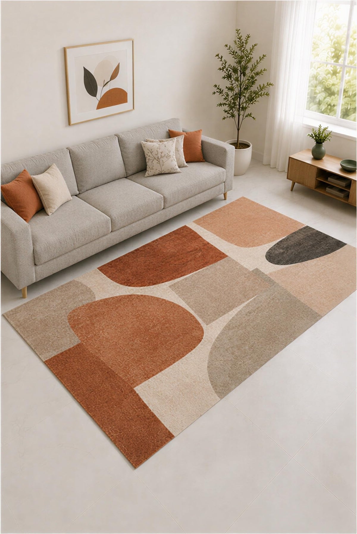 ICE ARMOR "Ultra Lightweight Large 6'7" x 9'10" Burnt Orange and Stone Geometric Tiles Area Rug for Living Room, Bedroom and Home Office, Soft Low Pile Carpet with Non-Slip Silicone Backing