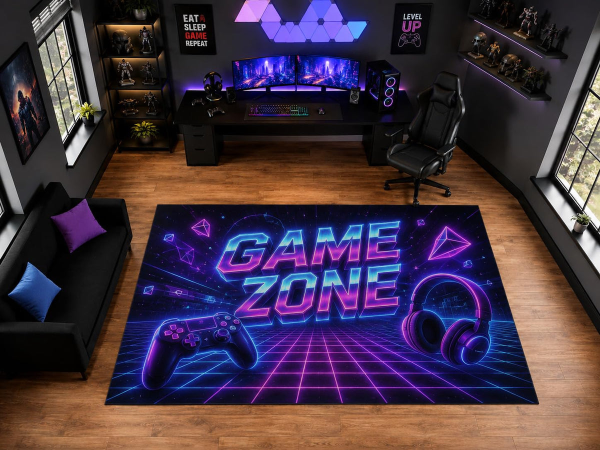 ICE ARMOR "Ultra Light Weight Large 6'7" x 9'10" Game Zone Controller Headset Area Rug for Playroom Decor, Soft Low Pile Indoor Rug with Non-Slip Silicone Backing, Black Purple Blue