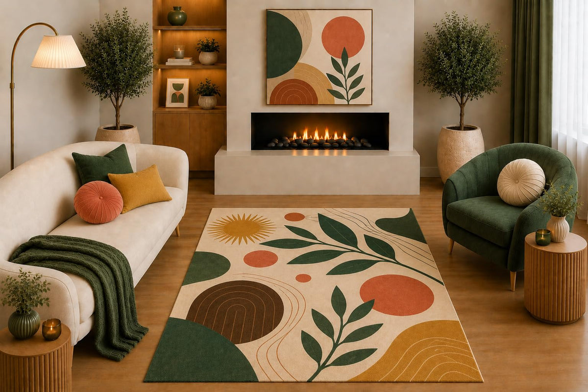 ICE ARMOR "Ultra Light Weight 5' x 7' Boho Botanical Area Rug Olive Green Terracotta Mustard Sun Leaf Rainbow Abstract Design for Living Room Bedroom Office Non-Slip Silicone Backing Low Pile