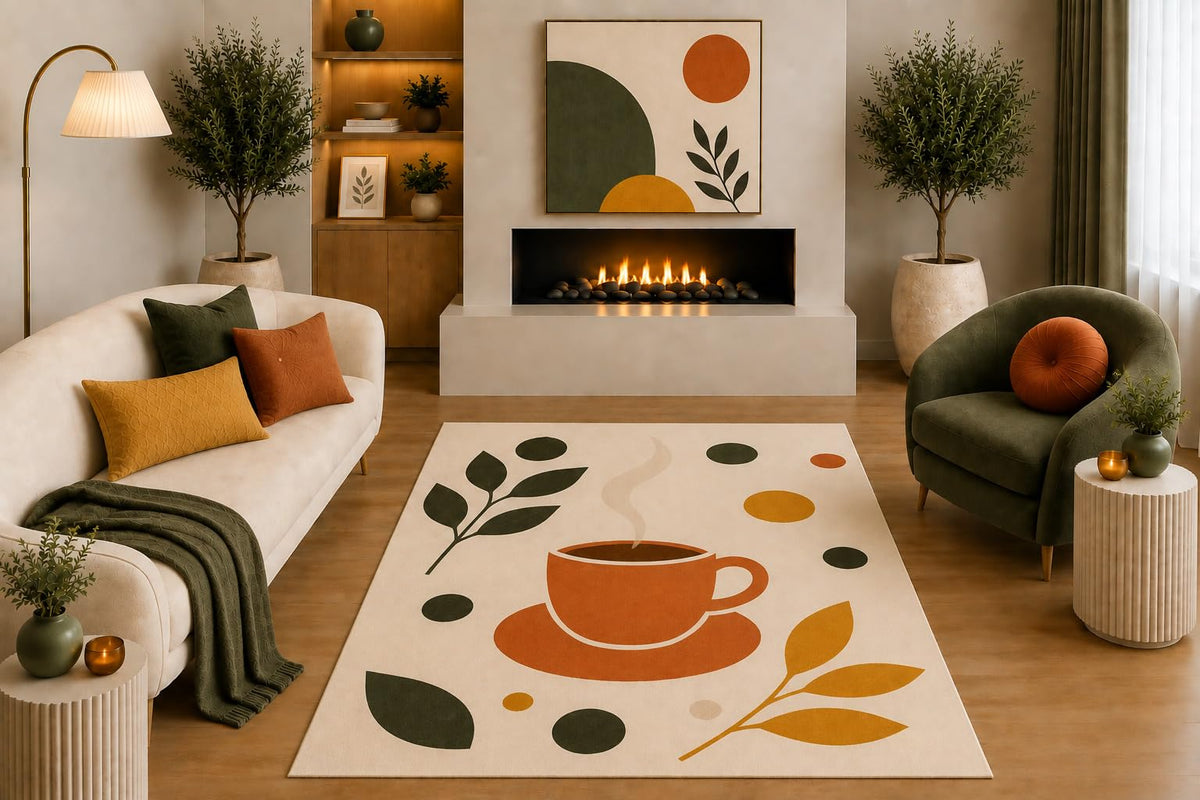 ICE ARMOR "Ultra Light Weight 5' x 7' Boho Botanical Area Rug Orange Mustard Olive Green Coffee Cup Leaf Design for Kitchen Dining Room Living Room Cafe Non-Slip Silicone Backing Low Pile