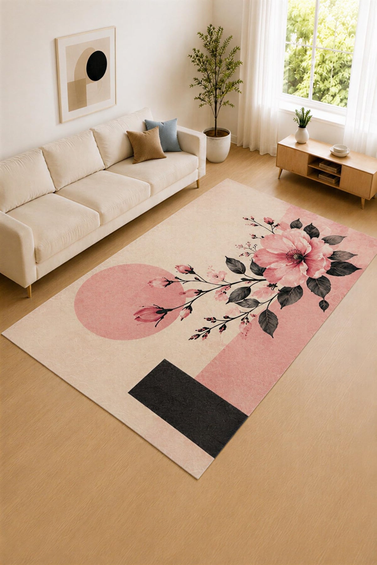 ICE ARMOR "Ultra Lightweight Large 6'7" x 9'10" Pink and Black Modern Flower Accent Area Rug for Living Room, Bedroom and Home Office, Soft Low Pile Carpet with Non-Slip Silicone Backing