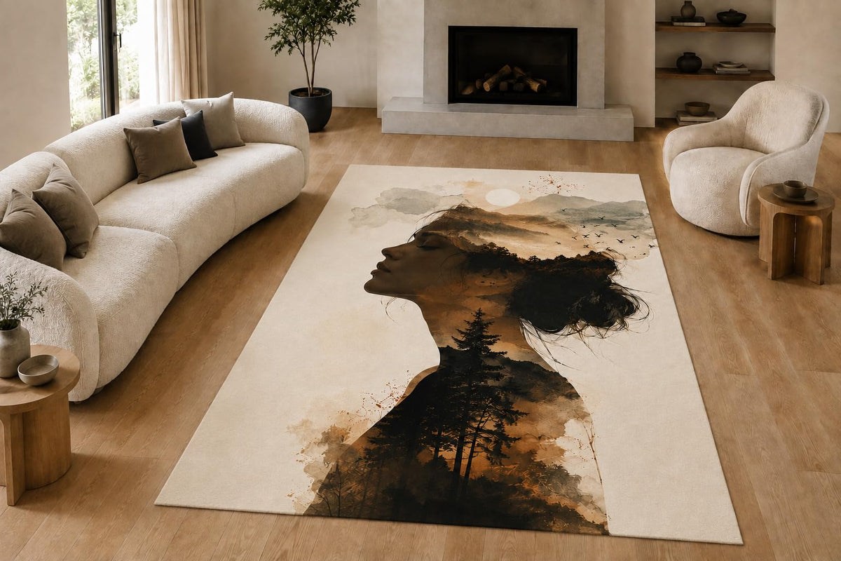 ICE ARMOR "Ultra Lightweight Large 6'7" x 9'10" Forest Woman Area Rug for Living Room, Bedroom and Home Office, Soft Low Pile Carpet with Non-Slip Silicone Backing, Brown and Cream