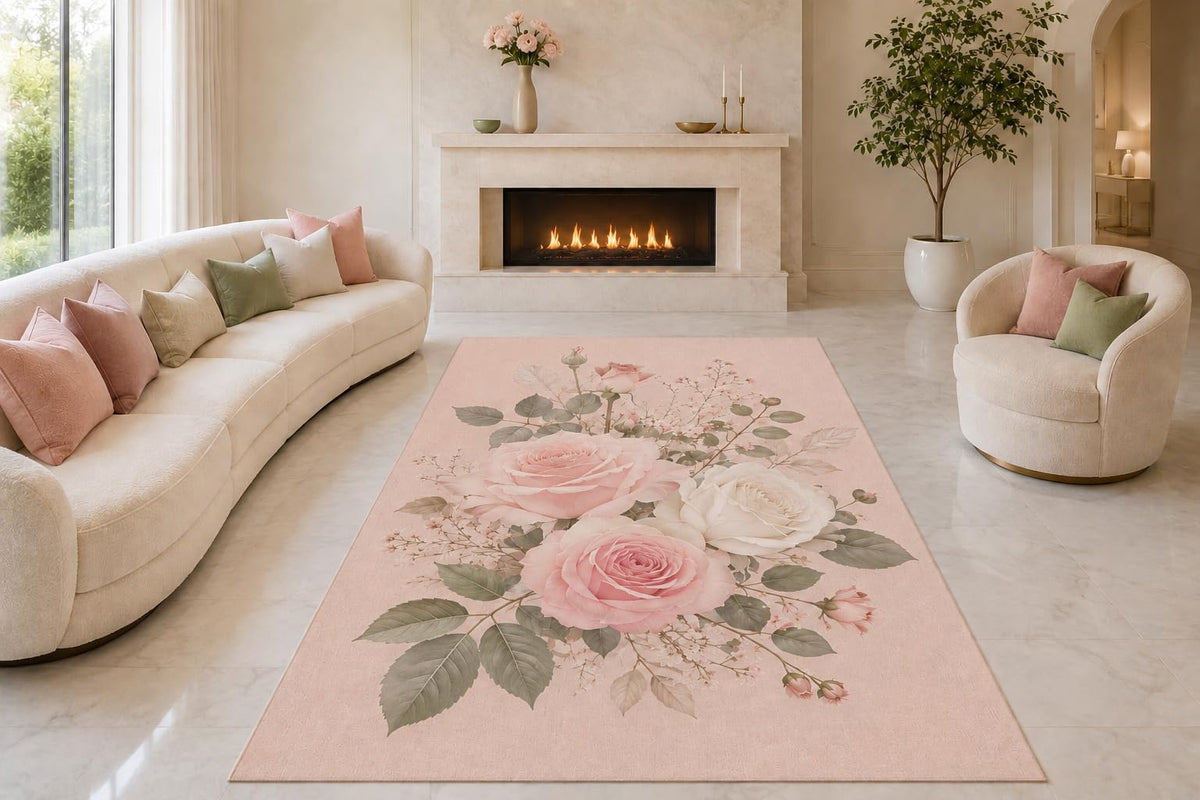 ICE ARMOR "Ultra Lightweight Large 6'7" x 9'10" Romantic Rose Cluster Area Rug for Living Room, Bedroom and Home Office, Soft Low Pile Carpet with Non-Slip Silicone Backing, Pink and Cream