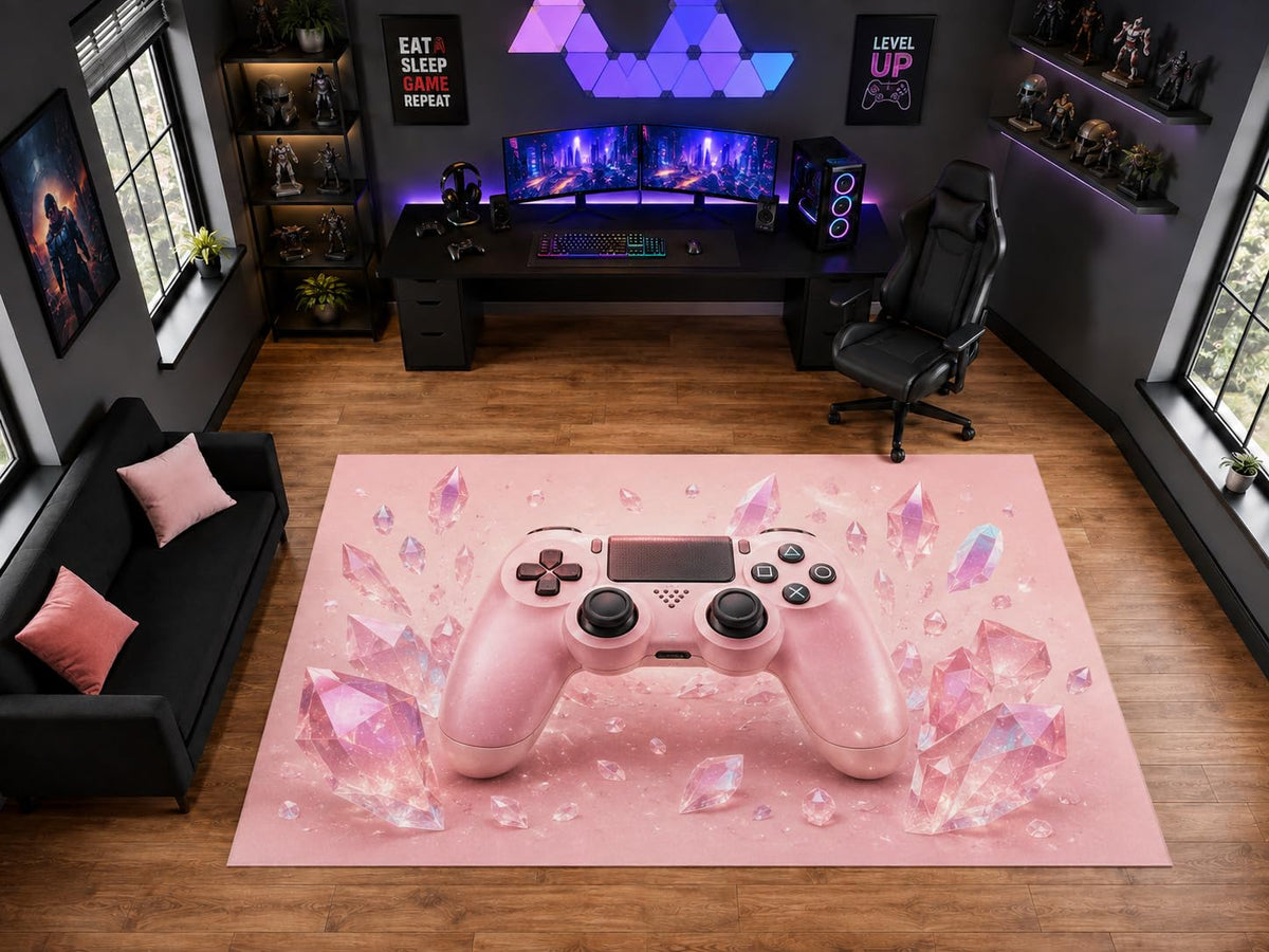 ICE ARMOR "Ultra Light Weight Large 6'7" x 9'10" Pink Crystal Gaming Controller Area Rug for Playroom Decor, Soft Low Pile Indoor Rug with Non-Slip Silicone Backing, Pink