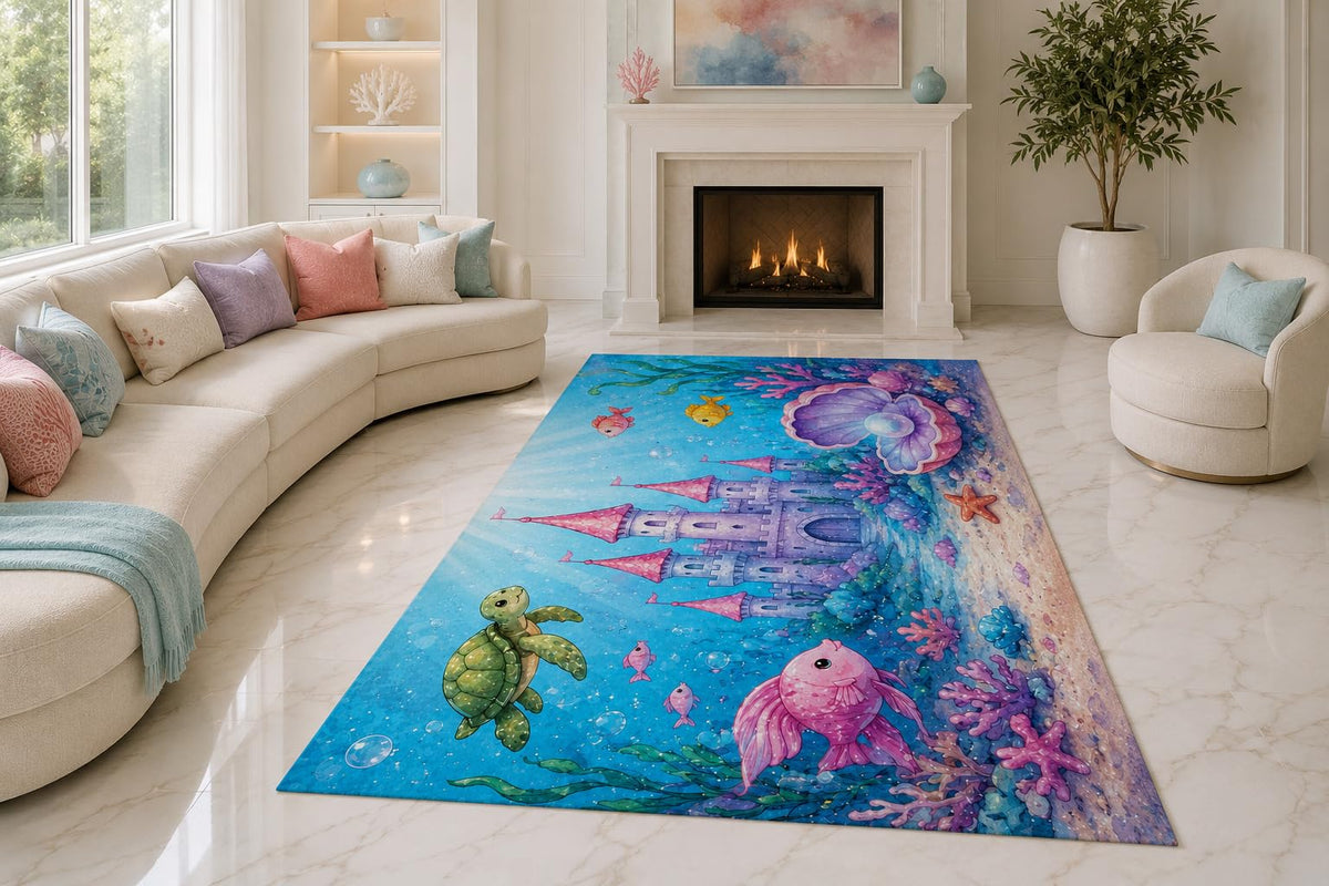 ICE ARMOR "Ultra Lightweight Large 6'7" x 9'10" Undersea Castle Friends Area Rug for Living Room, Bedroom and Home Office, Soft Low Pile Carpet with Non-Slip Silicone Backing, Blue and Pink