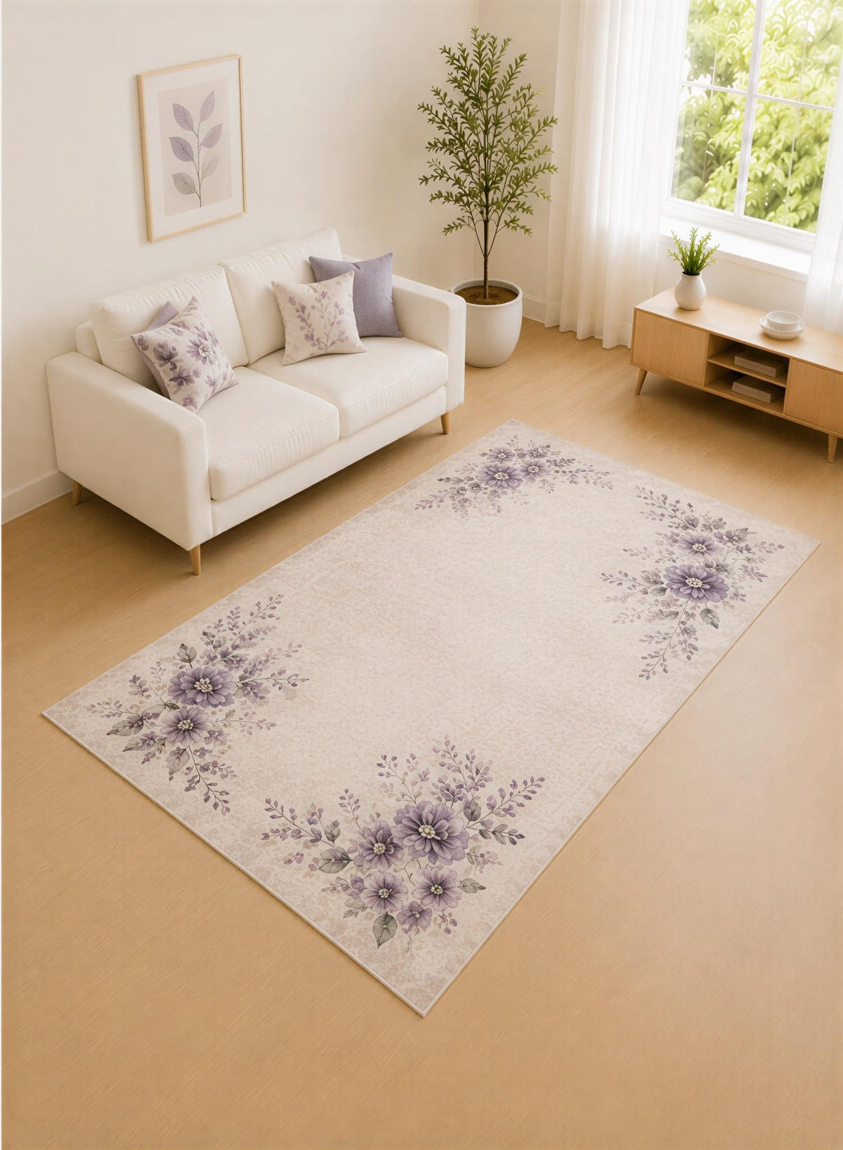 ICE ARMOR "Ultra Lightweight 5' x 7' Ivory and Lavender Soft Corner Spray Area Rug for Living Room, Bedroom and Home Office, Soft Low Pile Carpet with Non-Slip Silicone Backing