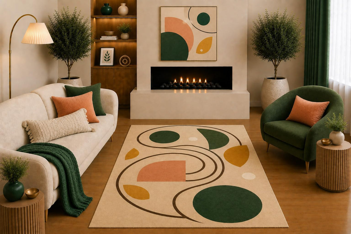 ICE ARMOR "Ultra Light Weight 5' x 7' Modern Abstract Area Rug Forest Green Peach Mustard Beige Organic Swirl Geometric Design for Living Room Bedroom Office Non-Slip Silicone Backing Low Pile