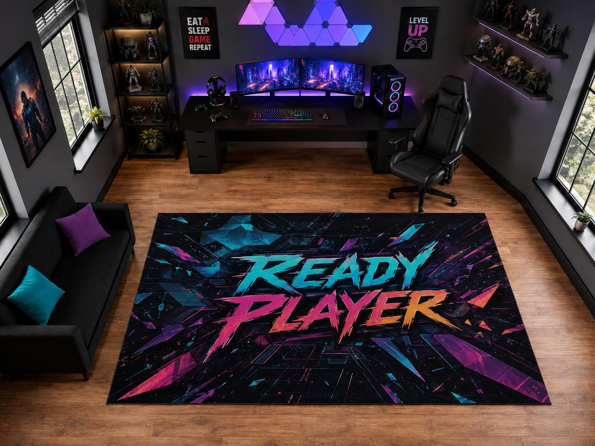 ICE ARMOR "Ultra Light Weight Large 6'7" x 9'10" Ready Player Neon Graffiti Area Rug for Playroom Decor, Soft Low Pile Indoor Rug with Non-Slip Silicone Backing, Black Blue Pink Orange