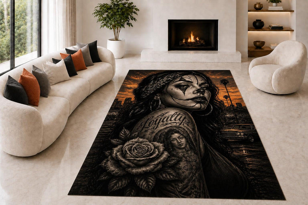 ICE ARMOR "Ultra Lightweight Large 6'7" x 9'10" Rose Tattoo Woman Area Rug for Living Room, Bedroom and Home Office, Soft Low Pile Carpet with Non-Slip Silicone Backing, Black and Orange