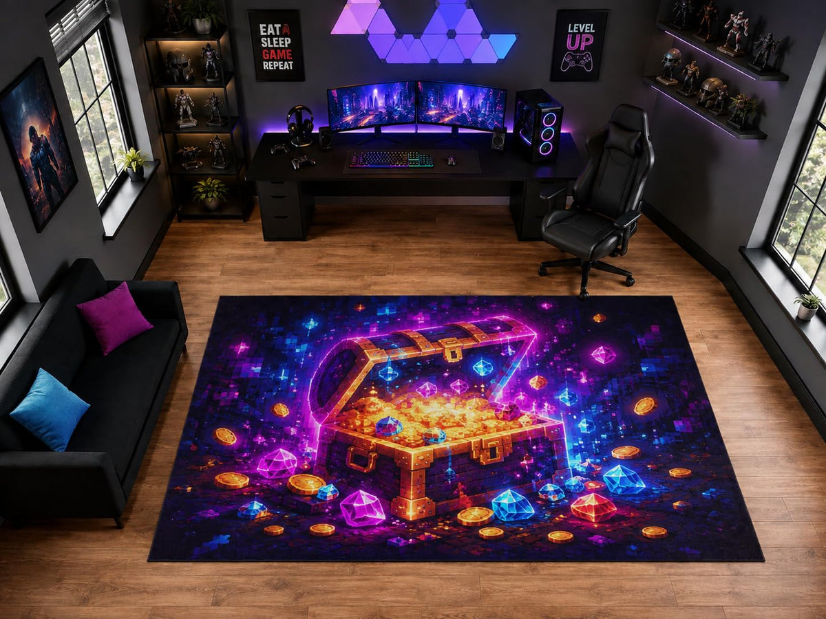 ICE ARMOR "Ultra Light Weight Large 6'7" x 9'10" Pixel Treasure Chest Area Rug for Gaming Room Decor, Soft Low Pile Indoor Rug with Non-Slip Silicone Backing, Purple Blue