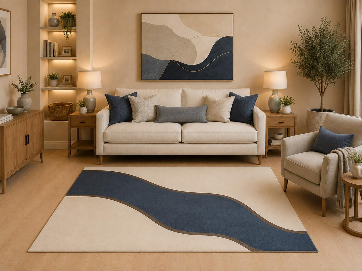 ICE ARMOR "Ultra Light Weight 5' x 7' Modern Abstract Wave Area Rug Navy Blue Cream Minimalist Curved Design for Living Room Bedroom Dining Room Office Non-Slip Silicone Backing Low Pile