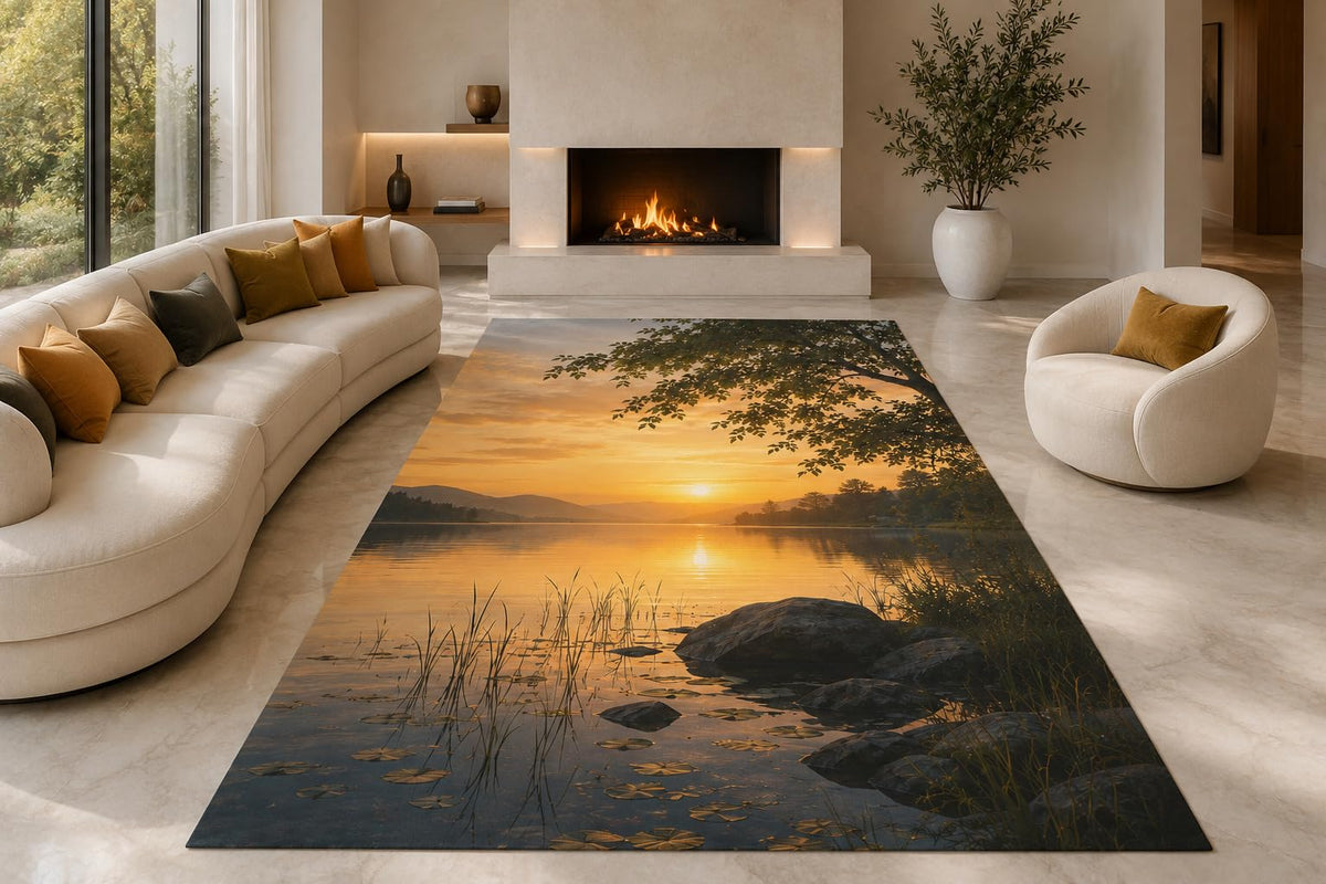 ICE ARMOR "Ultra Lightweight Large 6'7" x 9'10" Lakeside Sunset Reeds Area Rug for Living Room, Bedroom and Home Office, Soft Low Pile Carpet with Non-Slip Silicone Backing, Amber and Green