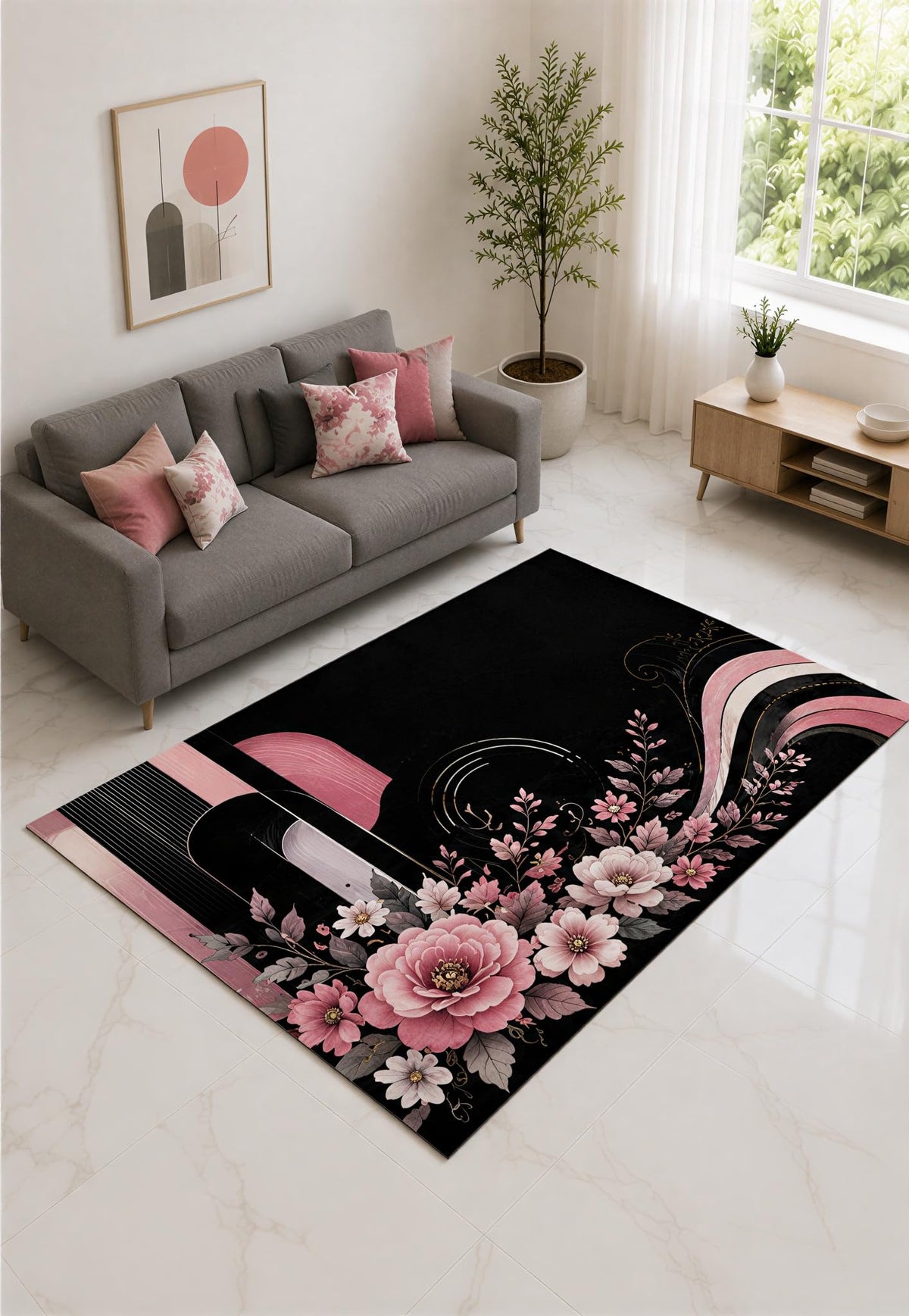 ICE ARMOR "Ultra Lightweight 5' x 7' Pink and Black Modern Floral Wave Area Rug for Living Room, Bedroom and Home Office, Soft Low Pile Carpet with Non-Slip Silicone Backing