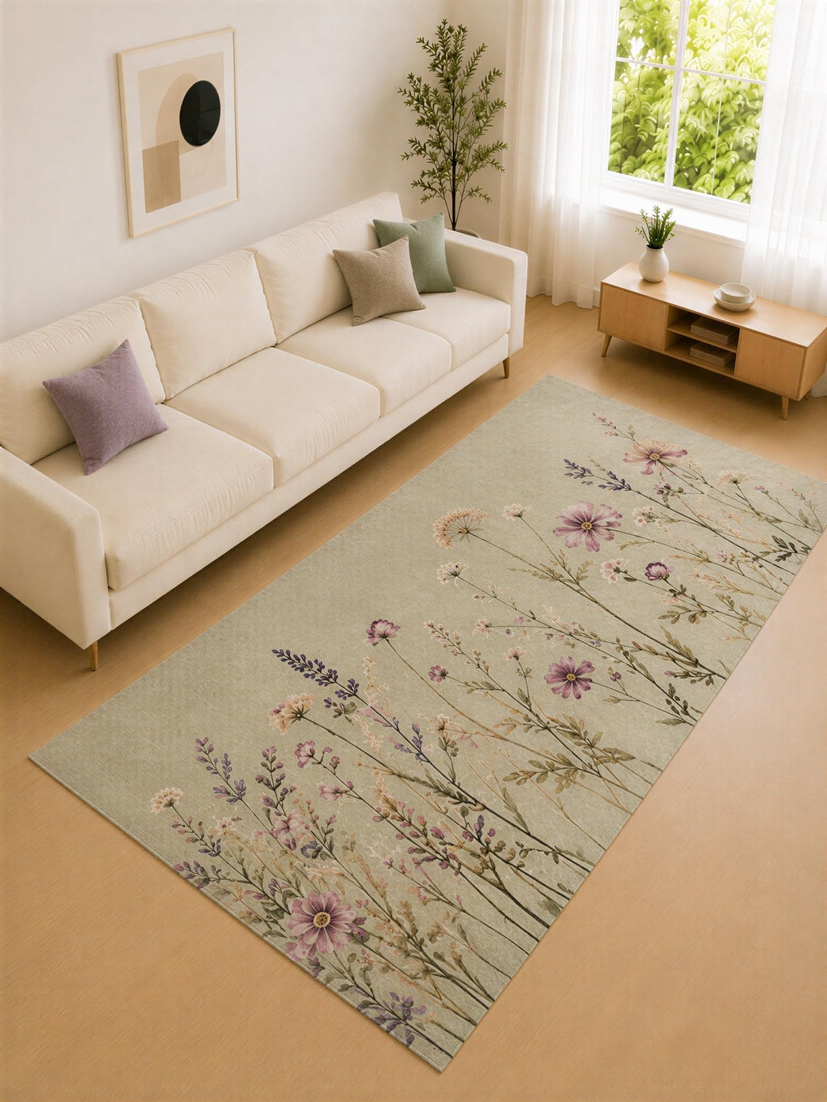ICE ARMOR "Ultra Lightweight Large 6'7" x 9'10" Sage and Lavender Wildflower Meadow Area Rug for Living Room, Bedroom and Home Office, Soft Low Pile Carpet with Non-Slip Silicone Backing