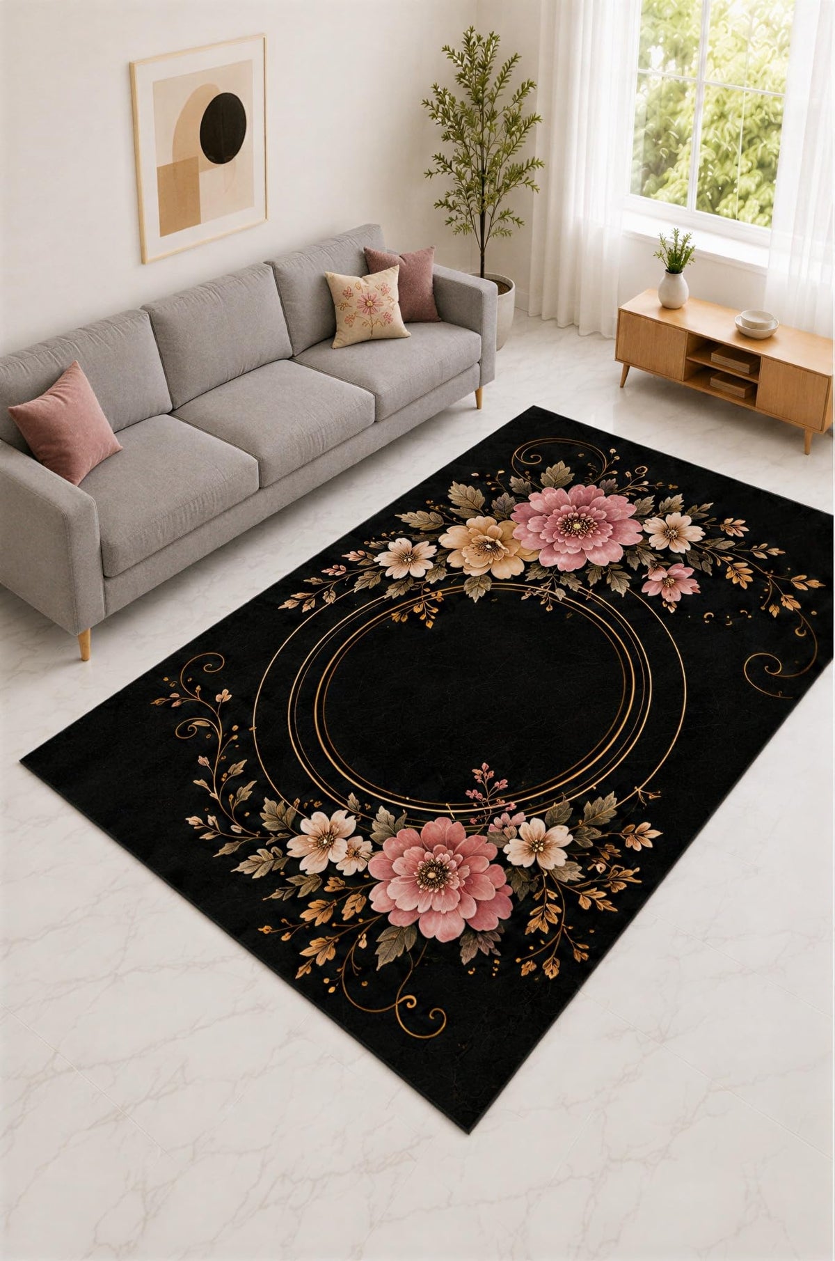 ICE ARMOR "Ultra Lightweight Large 6'7" x 9'10" Black and Coral Romantic Garland Area Rug for Living Room, Bedroom and Home Office, Soft Low Pile Carpet with Non-Slip Silicone Backing