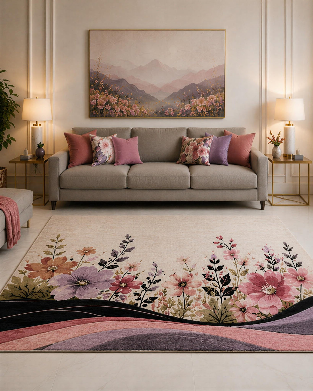 ICE ARMOR "Ultra Lightweight Large 6'7" x 9'10" Rose and Lilac Wildflower Ribbon Area Rug for Living Room, Bedroom and Home Office, Soft Low Pile Carpet with Non-Slip Silicone Backing