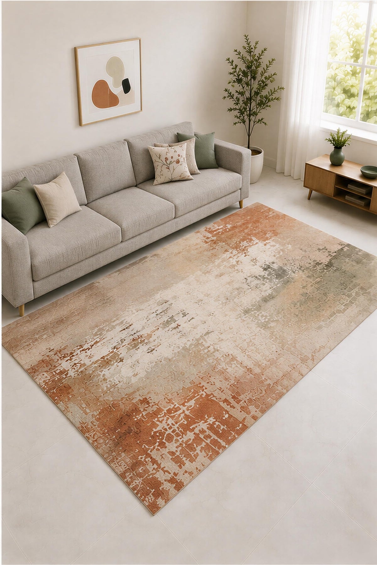 ICE ARMOR "Ultra Lightweight Large 6'7" x 9'10" Rust and Greige Distressed Wash Area Rug for Living Room, Bedroom and Home Office, Soft Low Pile Carpet with Non-Slip Silicone Backing