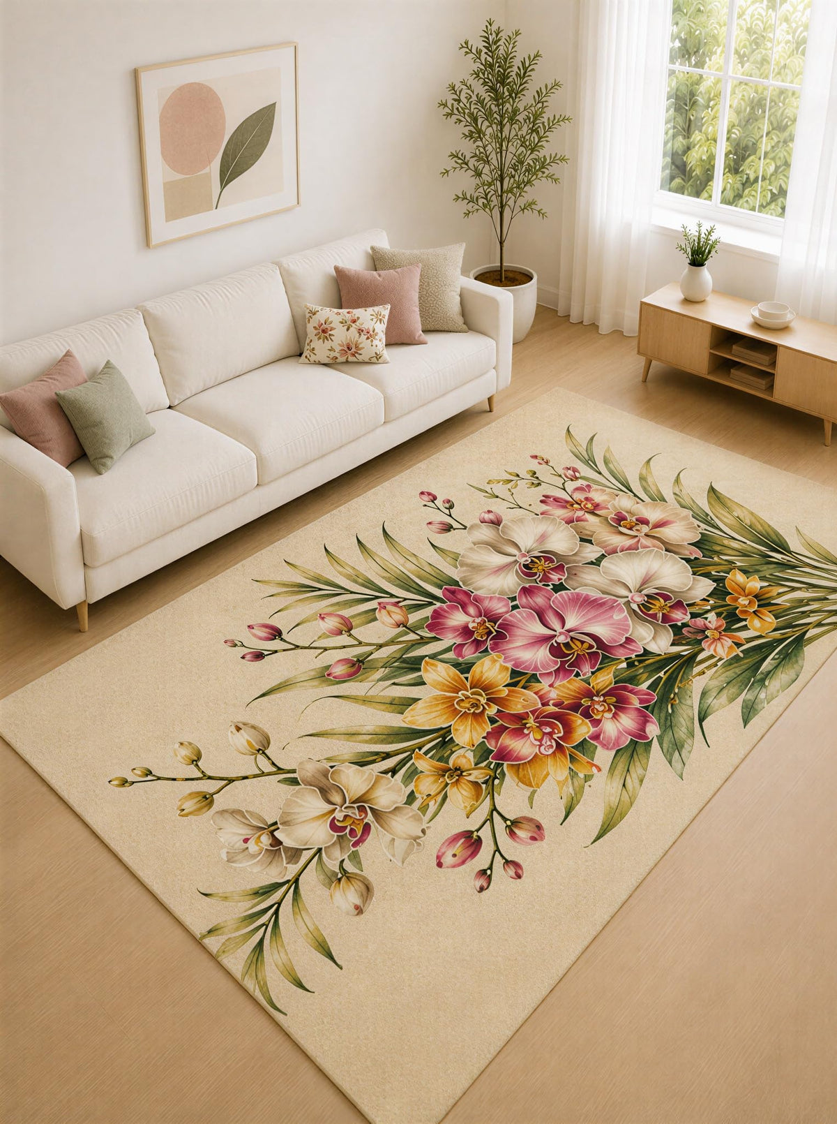 ICE ARMOR "Ultra Lightweight Large 6'7" x 9'10" Cream and Burgundy Tropical Orchid Bouquet Area Rug for Living Room, Bedroom and Home Office, Soft Low Pile Carpet with Non-Slip Silicone Backing