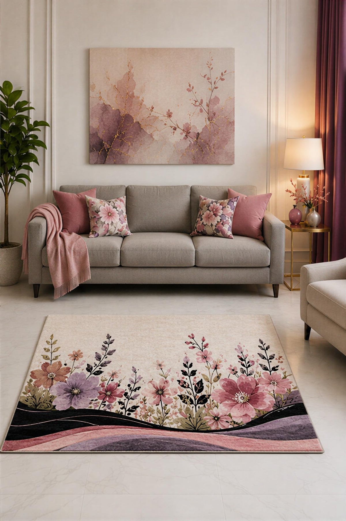 ICE ARMOR "Ultra Lightweight 5' x 7' Rose and Lilac Wildflower Ribbon Area Rug for Living Room, Bedroom and Home Office, Soft Low Pile Carpet with Non-Slip Silicone Backing