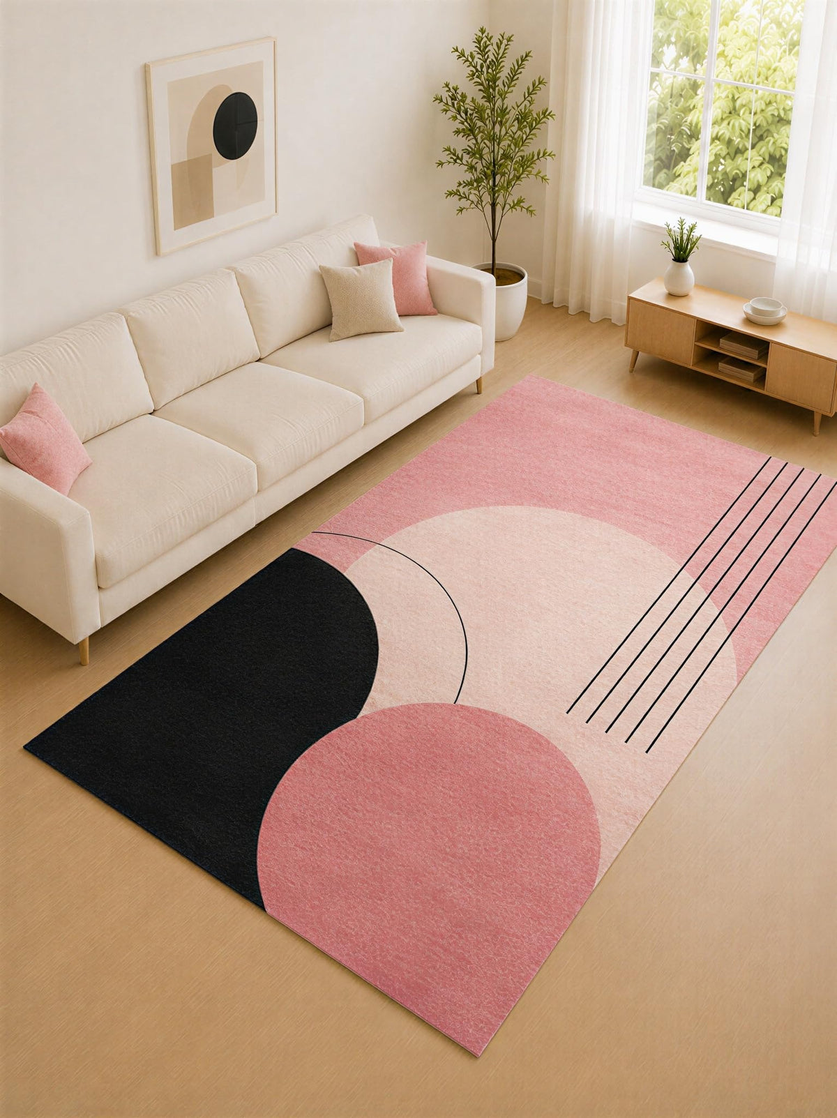 ICE ARMOR "Ultra Lightweight Large 6'7" x 9'10" Pink and Black Geometric Circle Area Rug for Living Room, Bedroom and Home Office, Soft Low Pile Carpet with Non-Slip Silicone Backing
