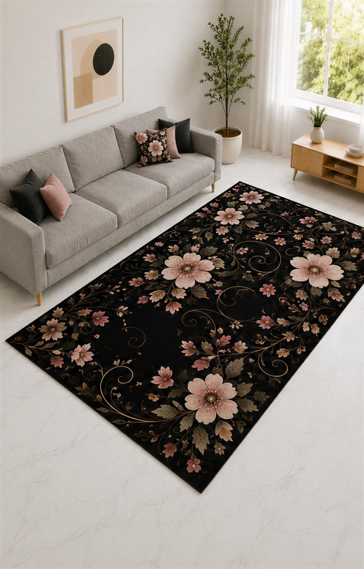ICE ARMOR "Ultra Lightweight Large 6'7" x 9'10" Black and Blush Vintage Blossom Scroll Area Rug for Living Room, Bedroom and Home Office, Soft Low Pile Carpet with Non-Slip Silicone Backing