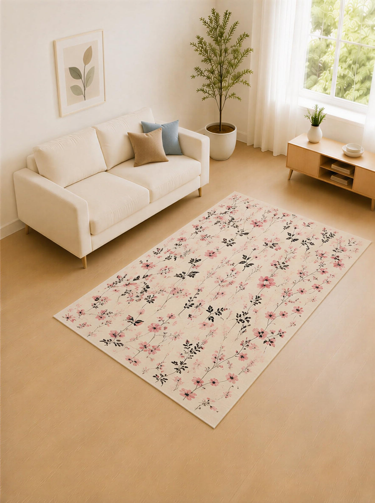 ICE ARMOR "Ultra Lightweight 5' x 7' Blush and Black Wildflower Branch Area Rug for Living Room, Bedroom and Home Office, Soft Low Pile Carpet with Non-Slip Silicone Backing