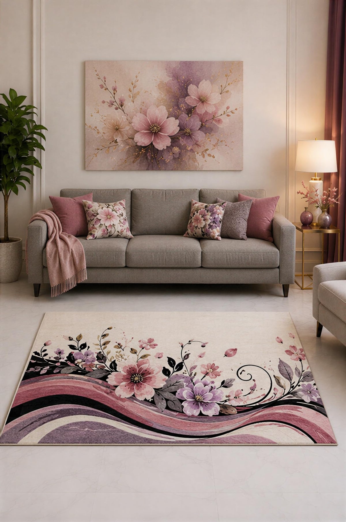ICE ARMOR "Ultra Lightweight 5' x 7' Pink and Purple Floral Ribbon Wave Area Rug for Living Room, Bedroom and Home Office, Soft Low Pile Carpet with Non-Slip Silicone Backing