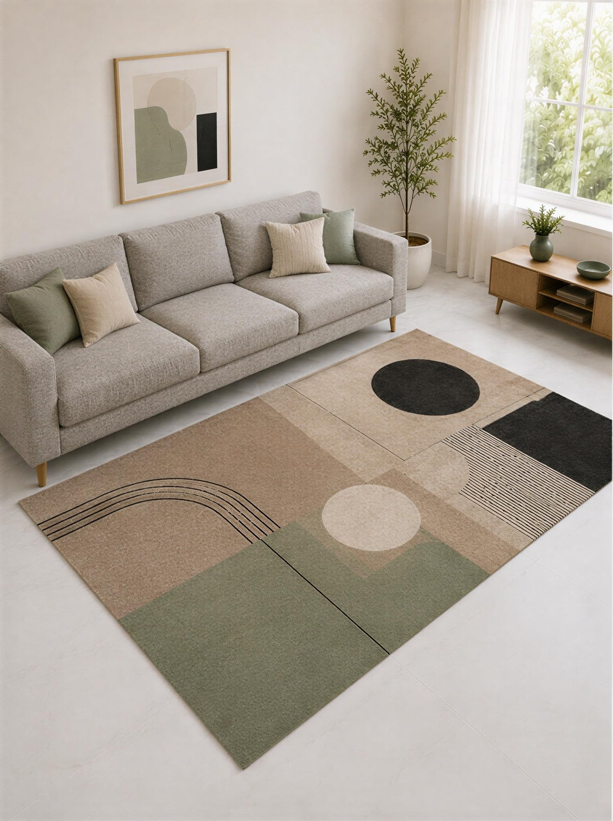ICE ARMOR "Ultra Lightweight Large 6'7" x 9'10" Taupe and Olive Minimal Shape Collage Area Rug for Living Room, Bedroom and Home Office, Soft Low Pile Carpet with Non-Slip Silicone Backing
