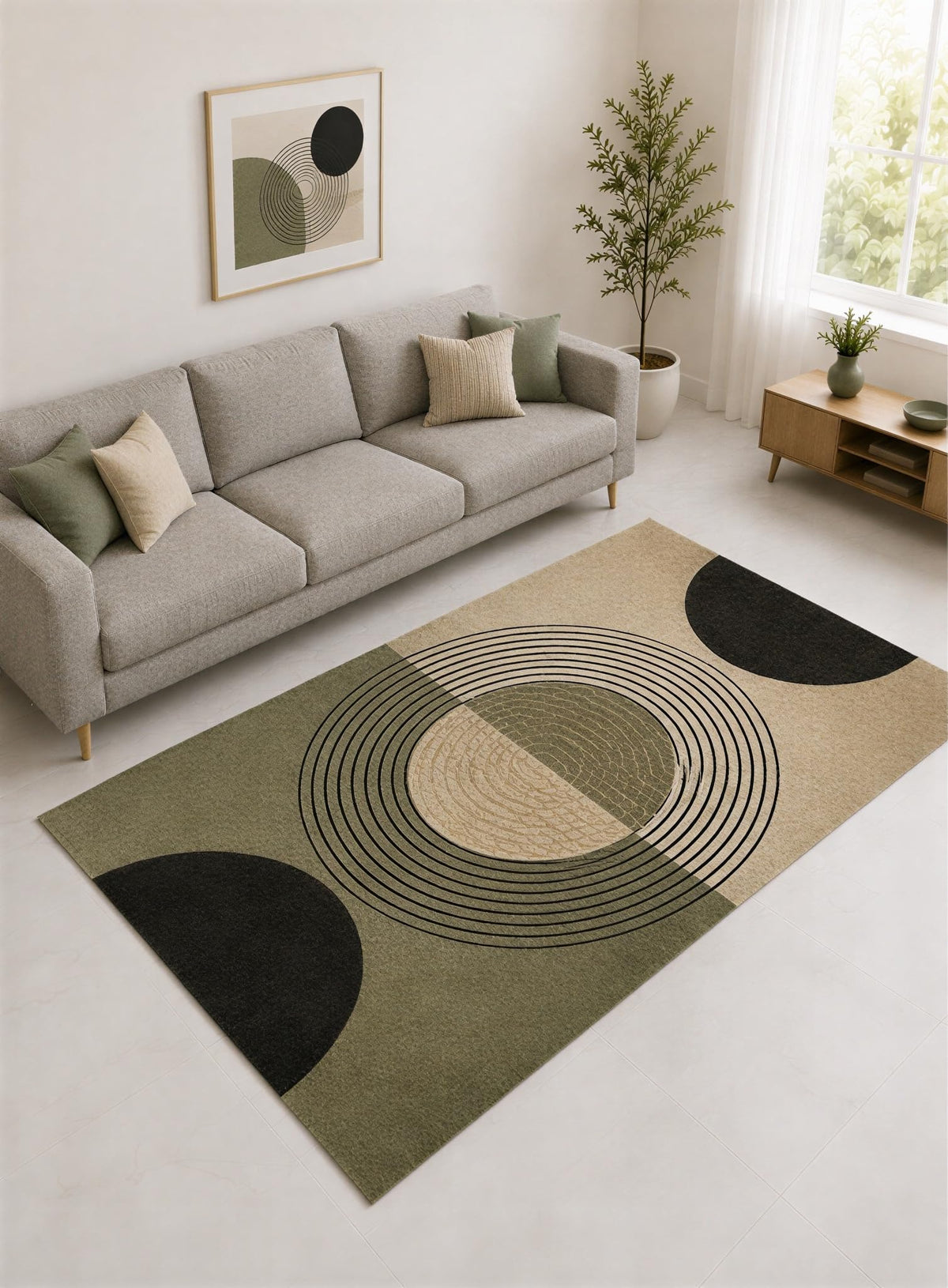 ICE ARMOR "Ultra Lightweight Large 6'7" x 9'10" Sage and Black Concentric Circle Geometric Area Rug for Living Room, Bedroom and Home Office, Soft Low Pile Carpet with Non-Slip Silicone Backing